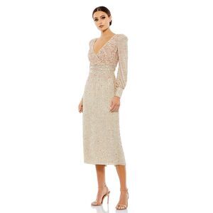 NWT Mac Duggal Sequined V Neck Bishop Nude Sleeve Dress 14